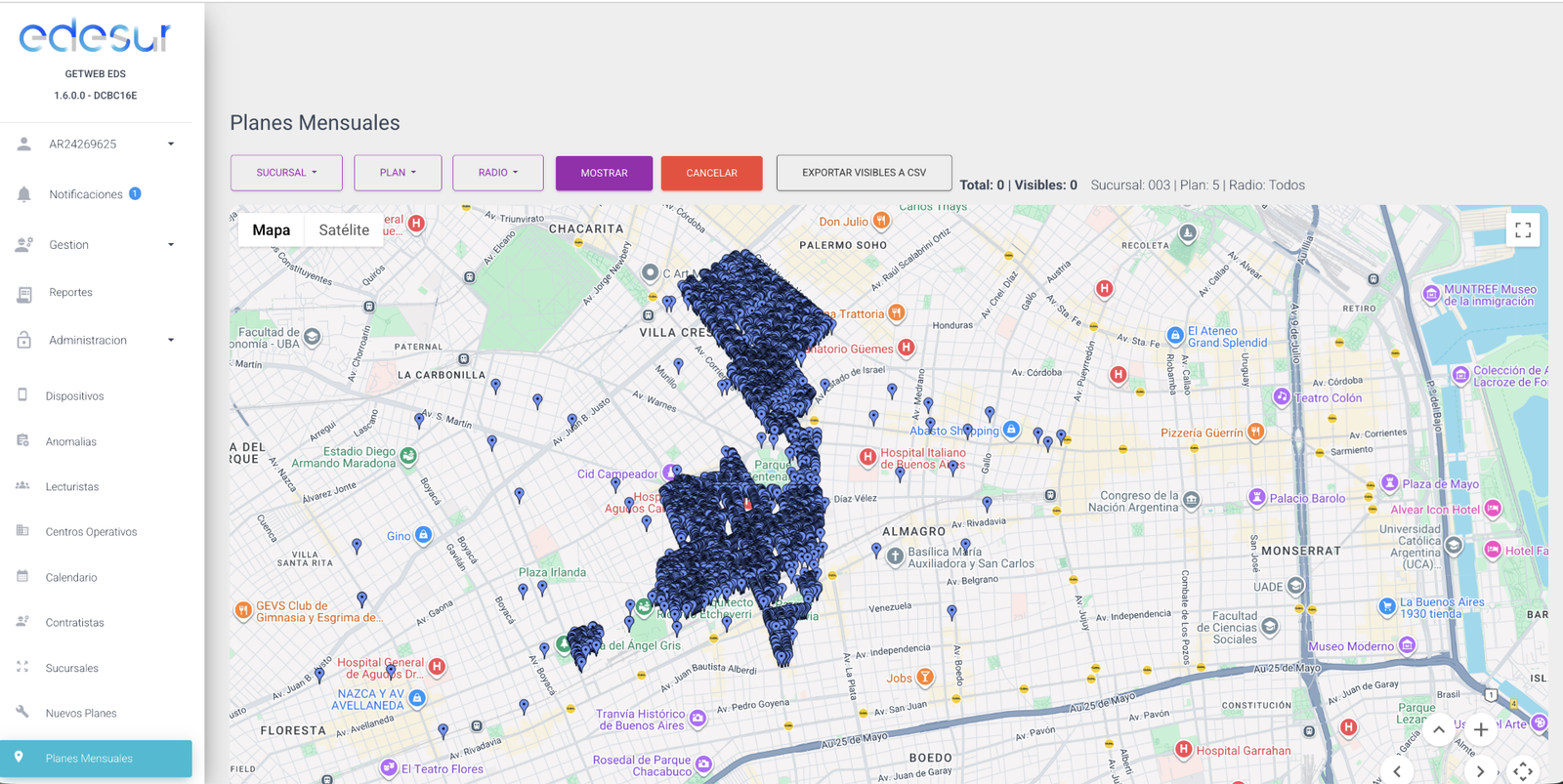 Mapa de GetWeb mostrando los suministros de un plan de lectura